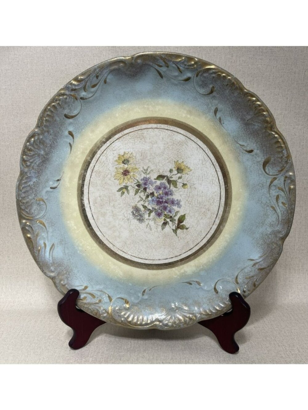 13 Inch Stained Crazed Antique Serving Platter Hand Painted Unmarked